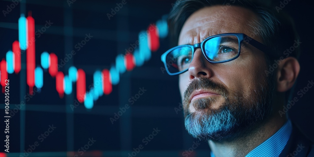 Businessman analyzing financial data on a digital screen, focused expression. Businessman analyzing financial data on a digital screen, focused expression.