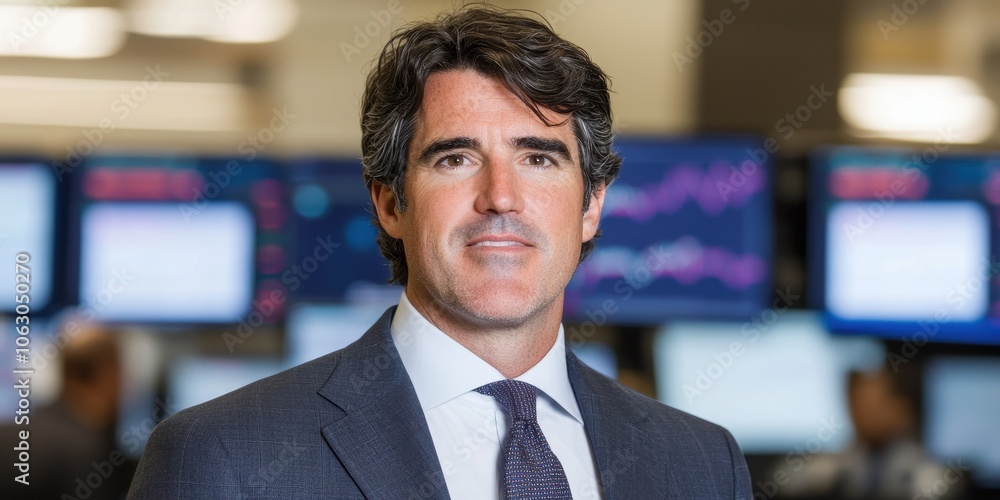 Business professional in front of stock market screens, white isolate background. Business professional in front of stock market screens, white isolate background.
