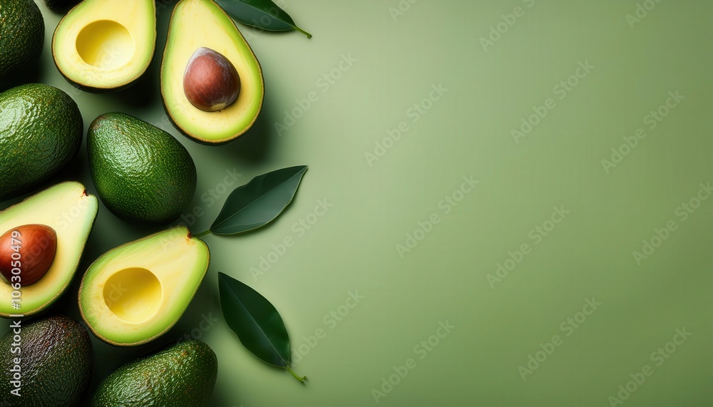 Fresh Ripe Avocados with Leaves on Green Background. Ideal for Healthy Food, Plant Based Diets, Natural Products, or Organic Lifestyle Content with Copy Space Fresh Ripe Avocados with Leaves on Green Background. Ideal for Healthy Food, Plant Based Diets, Natural Products, or Organic Lifestyle Content with Copy Space