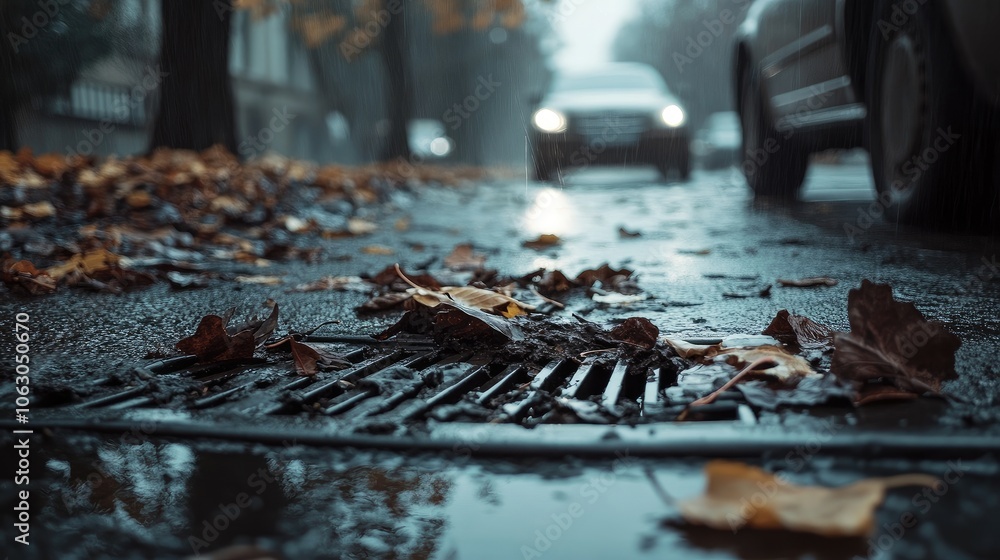 Close-up of leaves and debris blocking a storm drain, muddy rainwater pooling and overflowing onto the sidewalk Close-up of leaves and debris blocking a storm drain, muddy rainwater pooling and overflowing onto the sidewalk