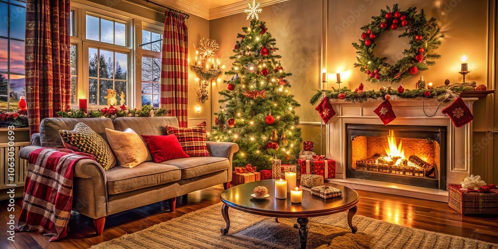 Cozy Living Room with Beautifully Decorated Christmas Tree and Festive Ornaments, Perfect for Holiday Celebrations and Family Gatherings, Embracing the Warmth of the Season Cozy Living Room with Beautifully Decorated Christmas Tree and Festive Ornaments, Perfect for Holiday Celebrations and Family Gatherings, Embracing the Warmth of the Season