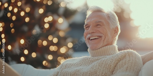 Cheerful elderly man in a cozy sweater relaxing during the holiday season. photo