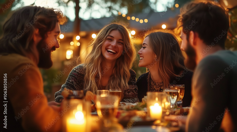 A vibrant group of friends enjoying drinks and laughter around a candle-lit table in a cozy, rustic outdoor setting, warm string lights enhancing the joyful autumn ambiance. A vibrant group of friends enjoying drinks and laughter around a candle-lit table in a cozy, rustic outdoor setting, warm string lights enhancing the joyful autumn ambiance.