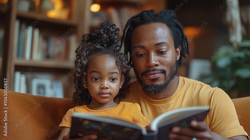 Father and daughter read a book on the couch, sharing a tender moment. Father and daughter read a book on the couch, sharing a tender moment.