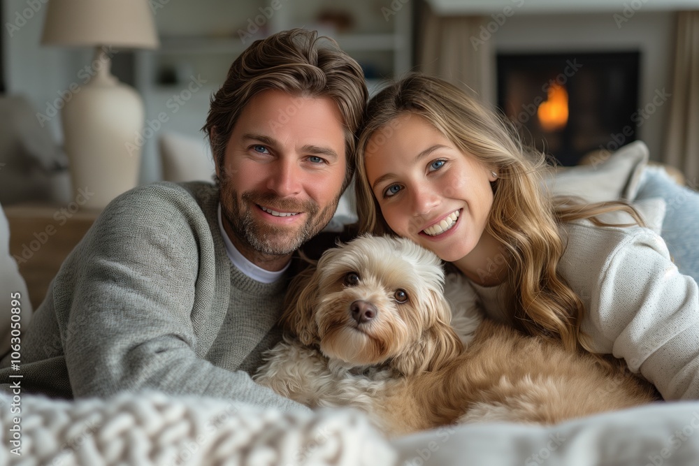 A cheerful couple snuggles with their dog on a cozy couch, a fireplace glowing warmly in the background. A cheerful couple snuggles with their dog on a cozy couch, a fireplace glowing warmly in the background.