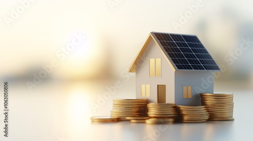 Miniature House with Solar Panels and Coins Displayed