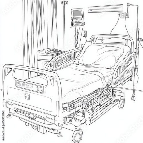 A hospital bed with medical equipment in the background, drawn in black and white.
