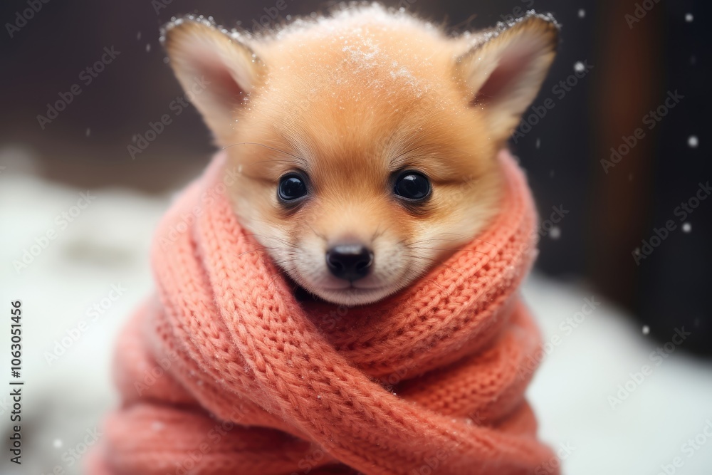 Obraz premium Cute puppy wrapped in a pink scarf with snowflakes in the background. Cozy winter pet portrait.