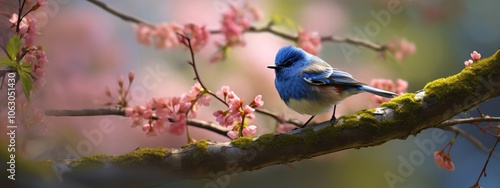 Blue bird perched on a blossoming branch with pink flowers. Serene and natural scene for springtime themes. photo