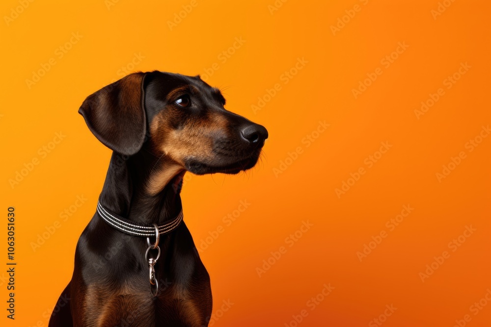 Portrait of a black and tan dog with a collar on an orange background. Modern and minimalistic animal photography. Portrait of a black and tan dog with a collar on an orange background. Modern and minimalistic animal photography.