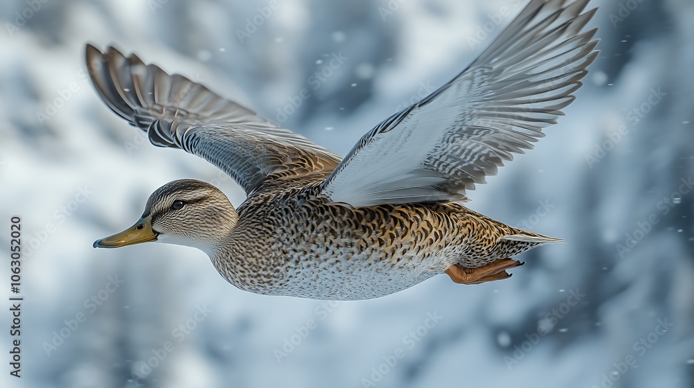 A duck in flight with wings spread wide against a snowy background. A duck in flight with wings spread wide against a snowy background.