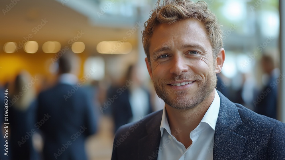 Smiling man in a suit at a networking event with a blurred crowd in the background. Smiling man in a suit at a networking event with a blurred crowd in the background.