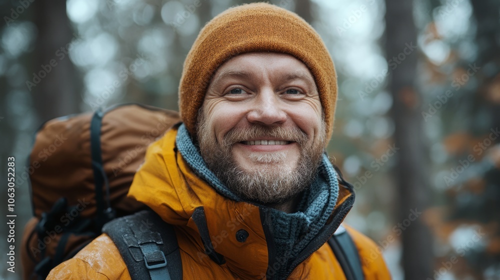 Man wearing a yellow hat and a jacket with a backpack on his back. He is smiling and looking at the camera Man wearing a yellow hat and a jacket with a backpack on his back. He is smiling and looking at the camera