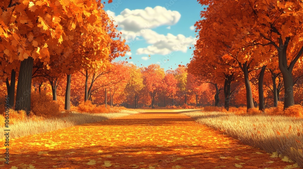 A 3D computer program was used to generate this cartoon-style image of a fall landscape with trees.