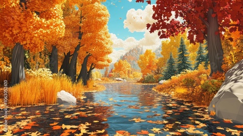 Obraz na płótnie A 3D computer program was used to generate this cartoon-style image of a fall landscape with trees. w salonie