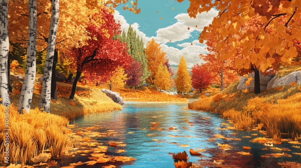 A 3D computer program was used to generate this cartoon-style image of a fall landscape with trees.