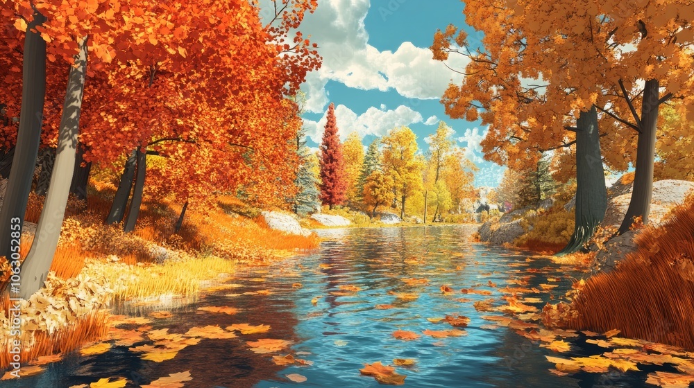 A 3D computer program was used to generate this cartoon-style image of a fall landscape with trees.