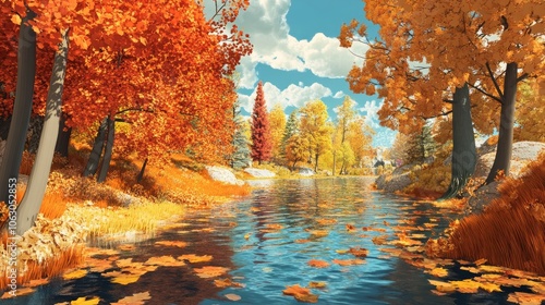 Obraz na płótnie A 3D computer program was used to generate this cartoon-style image of a fall landscape with trees. w salonie
