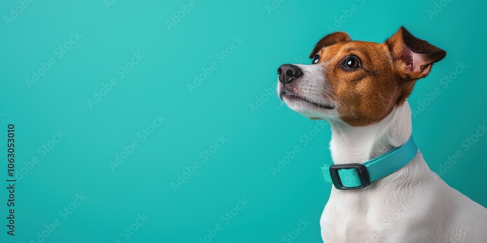 Dog standing against a turquoise background, looking inquisitively to the side. Dog standing against a turquoise background, looking inquisitively to the side.