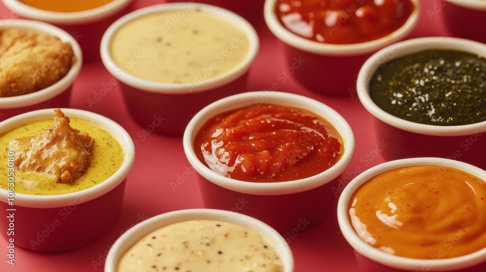 A close-up shot of various Popeyes sauces (like Mardi Gras Mustard, A close-up shot of various Popeyes sauces (like Mardi Gras Mustard,