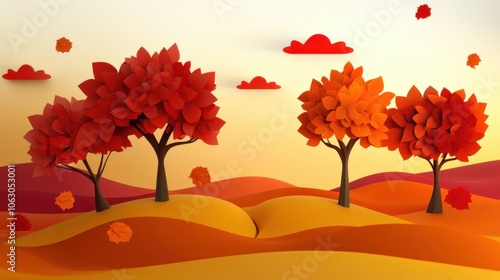  A 3D computer program was used to generate this cartoon-style image of a fall landscape with trees
