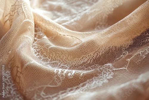 Capturing the elegance of a soft, beige lace cloth draped gracefully, featuring intricate floral patterns and highlighting its delicate, airy aesthetic appeal. photo