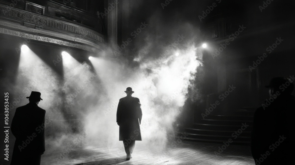 Smokey theater spotlights with a showman in dark atmosphere Smokey theater spotlights with a showman in dark atmosphere