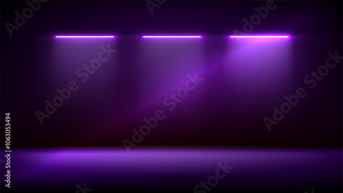 Wallpaper Mural Studio interior, stage with neon, led lighting. Background. Modern pink purple black interior with light. Backdrop for mounting, product placement. Design element. Vector background, template, mockup Torontodigital.ca