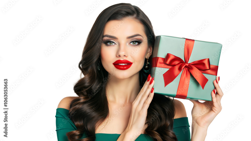 Beautiful woman in green dress holding blue gift box with red bow and looking at the camera on white background. Beautiful woman in green dress holding blue gift box with red bow and looking at the camera on white background.