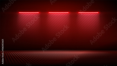 Studio interior with carbon fiber texture. Modern carbon fiber textured red black interior with light. Background for mounting, product placement. Vector background, template, mockup