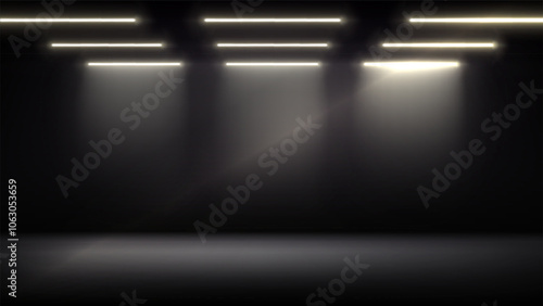 Studio interior, stage with neon, led lighting. Dark background, backdrop for mounting, product placement. Modern black interior with light. Design element. Vector background, template, mockup