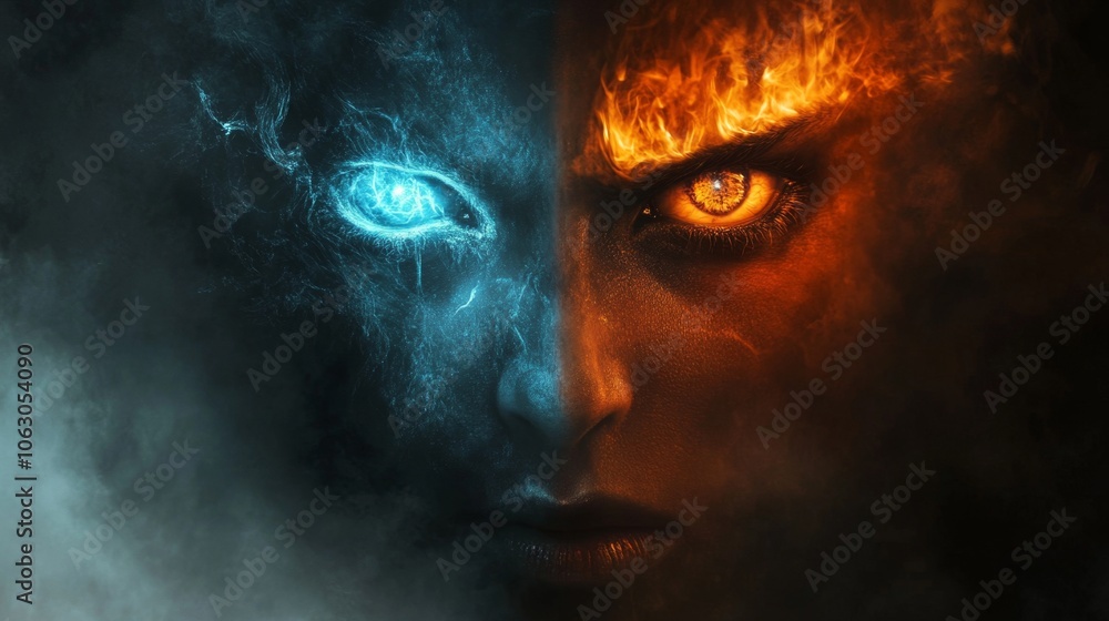 A close-up of a face split between fire and ice, with an intense, fiery gaze. A close-up of a face split between fire and ice, with an intense, fiery gaze.