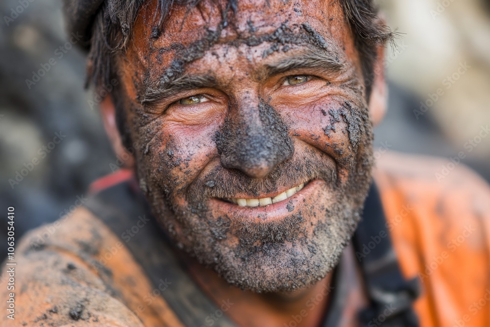A smiling miner covered in soot, taking a reflective moment amidst the demanding environment of his work, symbolizing joy and camaraderie in adversity. A smiling miner covered in soot, taking a reflective moment amidst the demanding environment of his work, symbolizing joy and camaraderie in adversity.