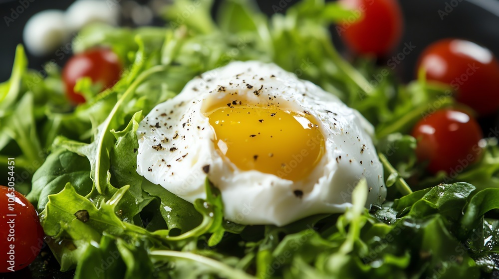 A poached egg on a bed of spinach and tomatoes. A poached egg on a bed of spinach and tomatoes.