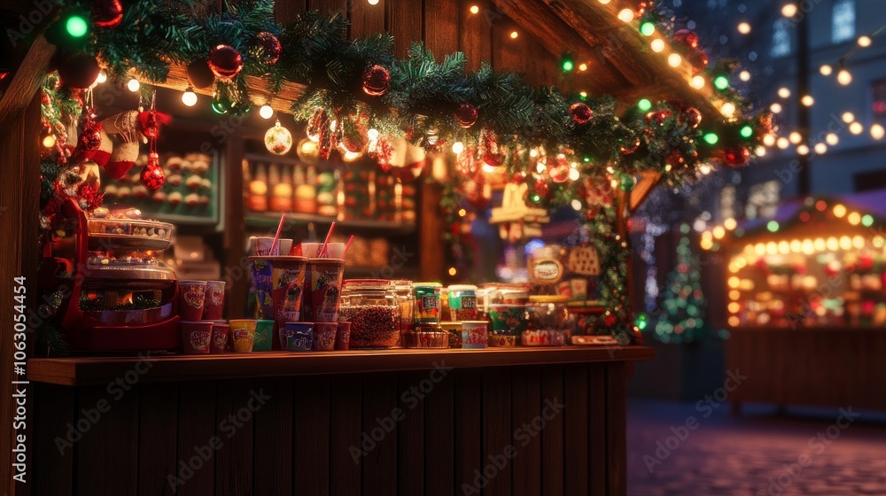 A beautiful hot cocoa station with garland and sparkling lights at a holiday market. It radiates joy and warmth and serves delectable sweets and beverages to lift your spirits on a chilly winter day. A beautiful hot cocoa station with garland and sparkling lights at a holiday market. It radiates joy and warmth and serves delectable sweets and beverages to lift your spirits on a chilly winter day.
