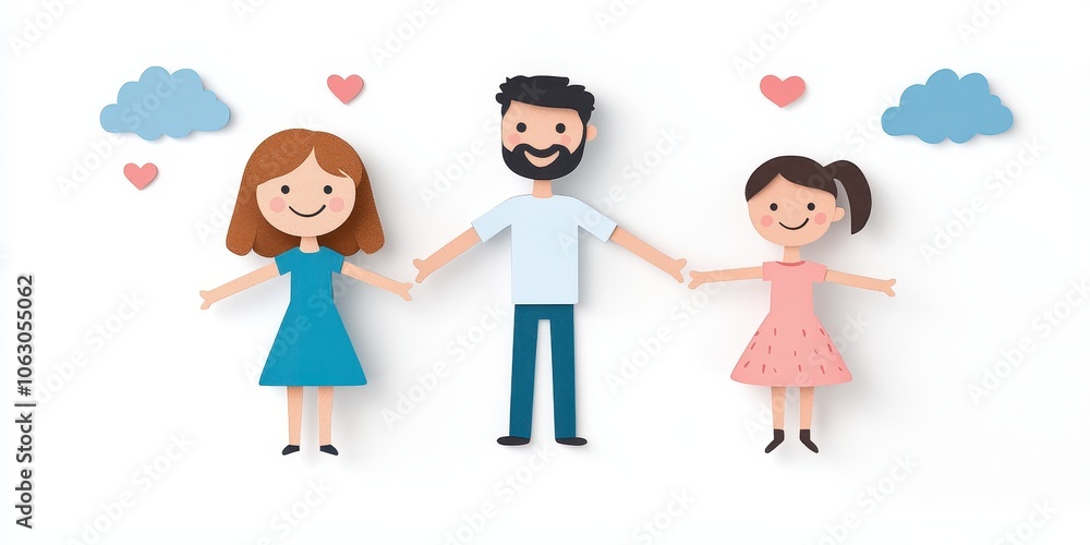 Happy family illustration with two children and a parent, white isolate background.