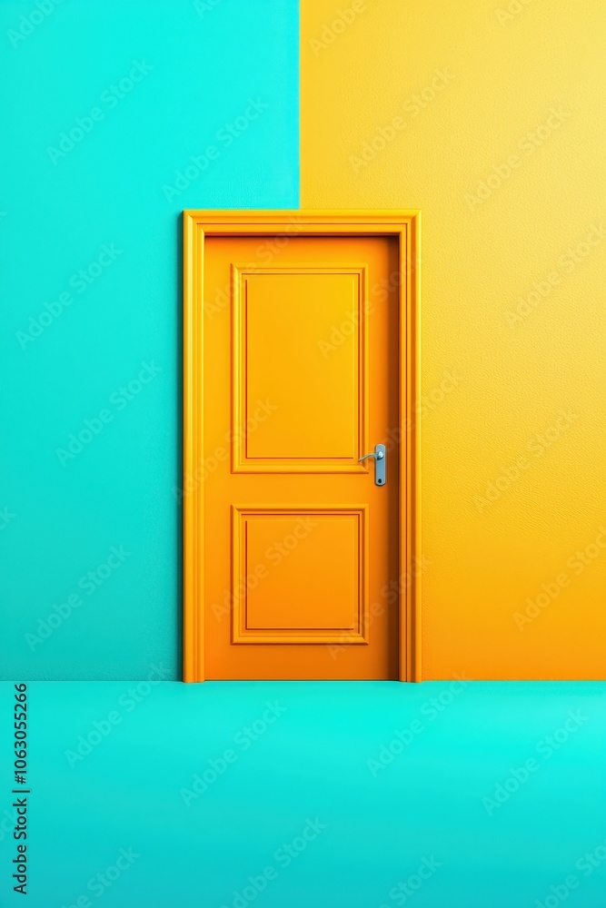 A door is painted orange and yellow and is in front of a blue wall A door is painted orange and yellow and is in front of a blue wall