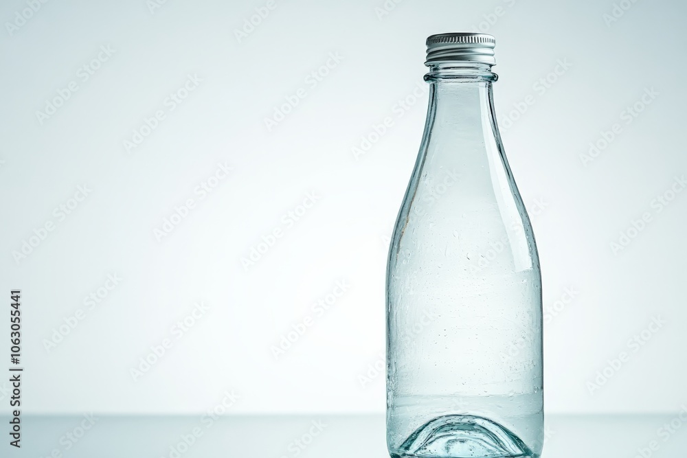 A transparent bottle with a shiny metal cap against a clean white backdrop, creating a sense of modernity and purity through its simple composition. A transparent bottle with a shiny metal cap against a clean white backdrop, creating a sense of modernity and purity through its simple composition.