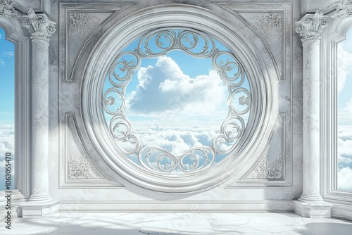 rendering 3d of elegant circle window with metal fence carvings in a luxury white and grey stone wall with a view sky 