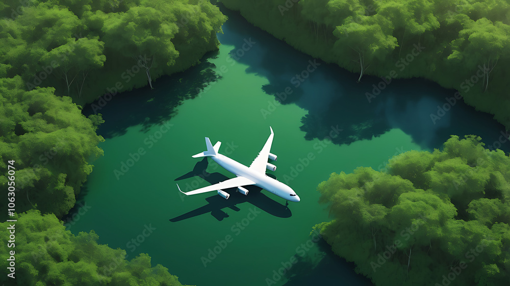 Fototapeta premium Shadow of an airplane flying over a lush green mangrove forest, symbolizing sustainable aviation fuel and biofuel in eco-friendly travel.