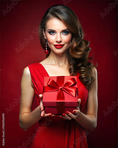 Beautiful woman in red dress holding red gift box and looking at the camera on red background. Holiday congratulations