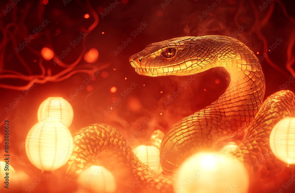 A snake coils among glowing lanterns in a mystical setting, illuminated by a warm orange light during a magical night A snake coils among glowing lanterns in a mystical setting, illuminated by a warm orange light during a magical night