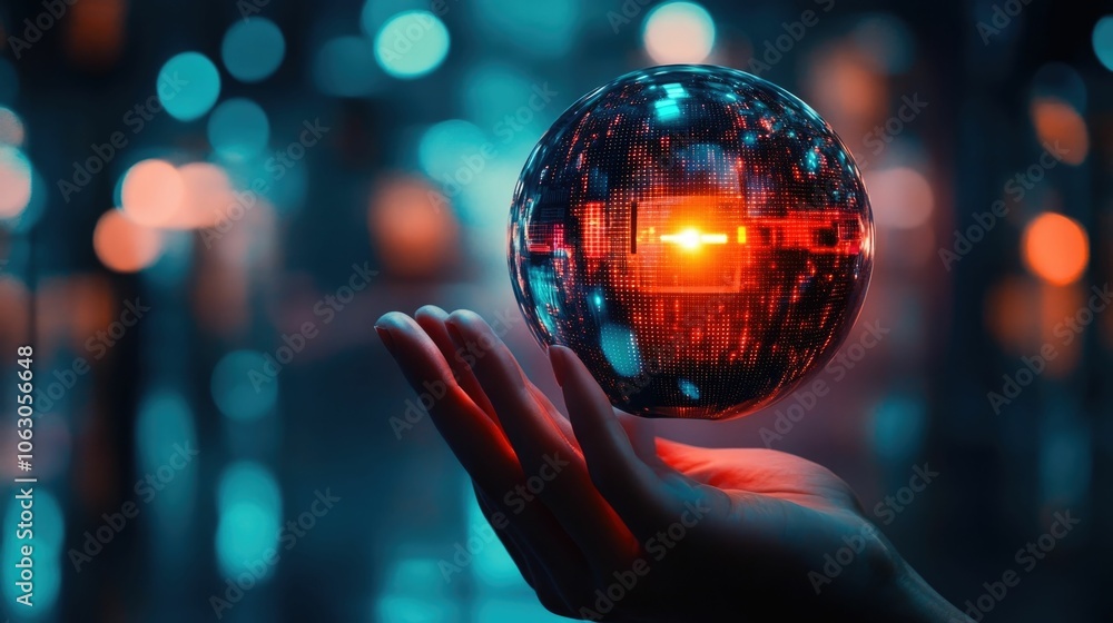 Close up of a human hand holding a glowing privacy shield blocking incoming data streams and surveillance from a security in the background  Concept of digital privacy protection