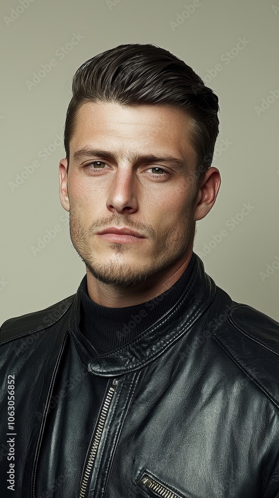 A man with a shaved head and a black leather jacket A man with a shaved head and a black leather jacket