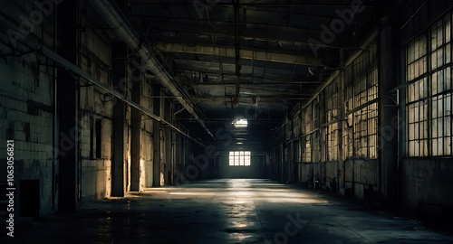 Wallpaper Mural Empty corridors of an old factory, with flickering light and shadows casting an ominous, mysterious mood. Torontodigital.ca