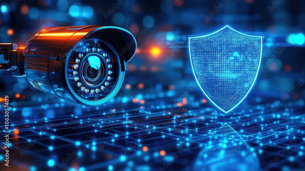 A glowing security with a privacy shield hovering over it symbolizing protection against unwanted surveillance and data collection A glowing security with a privacy shield hovering over it symbolizing protection against unwanted surveillance and data collection