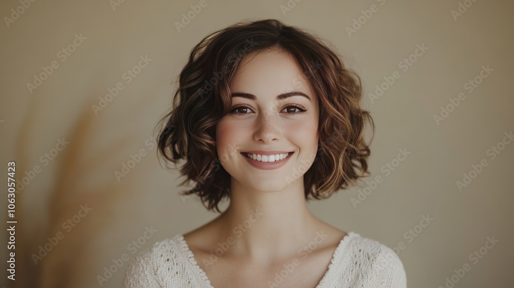 A gorgeous brunette with alluring curls, set on a muted background. Her short, wavy haircut emanates modern elegance, and her pleasant grin beams with enthusiasm. A gorgeous brunette with alluring curls, set on a muted background. Her short, wavy haircut emanates modern elegance, and her pleasant grin beams with enthusiasm.