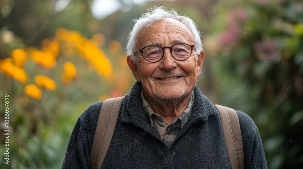 Man with a backpack and glasses is smiling. He is wearing a black jacket and a gray shirt Man with a backpack and glasses is smiling. He is wearing a black jacket and a gray shirt
