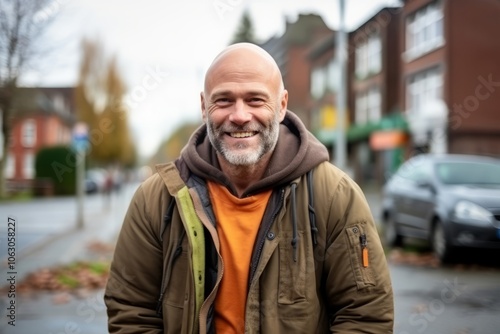 Portrait of a smiling senior man standing in the street with a smile