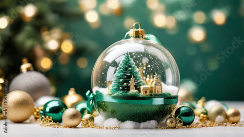 Xmas ornament. Beautiful snow globe with Christmas trees and snow on the festve background photo